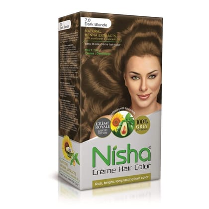 Nisha Creme Hair Color 7.0 Dark Blonde 120g, Permanent Hair Colour with Henna Extract, 100% Grey Coverage