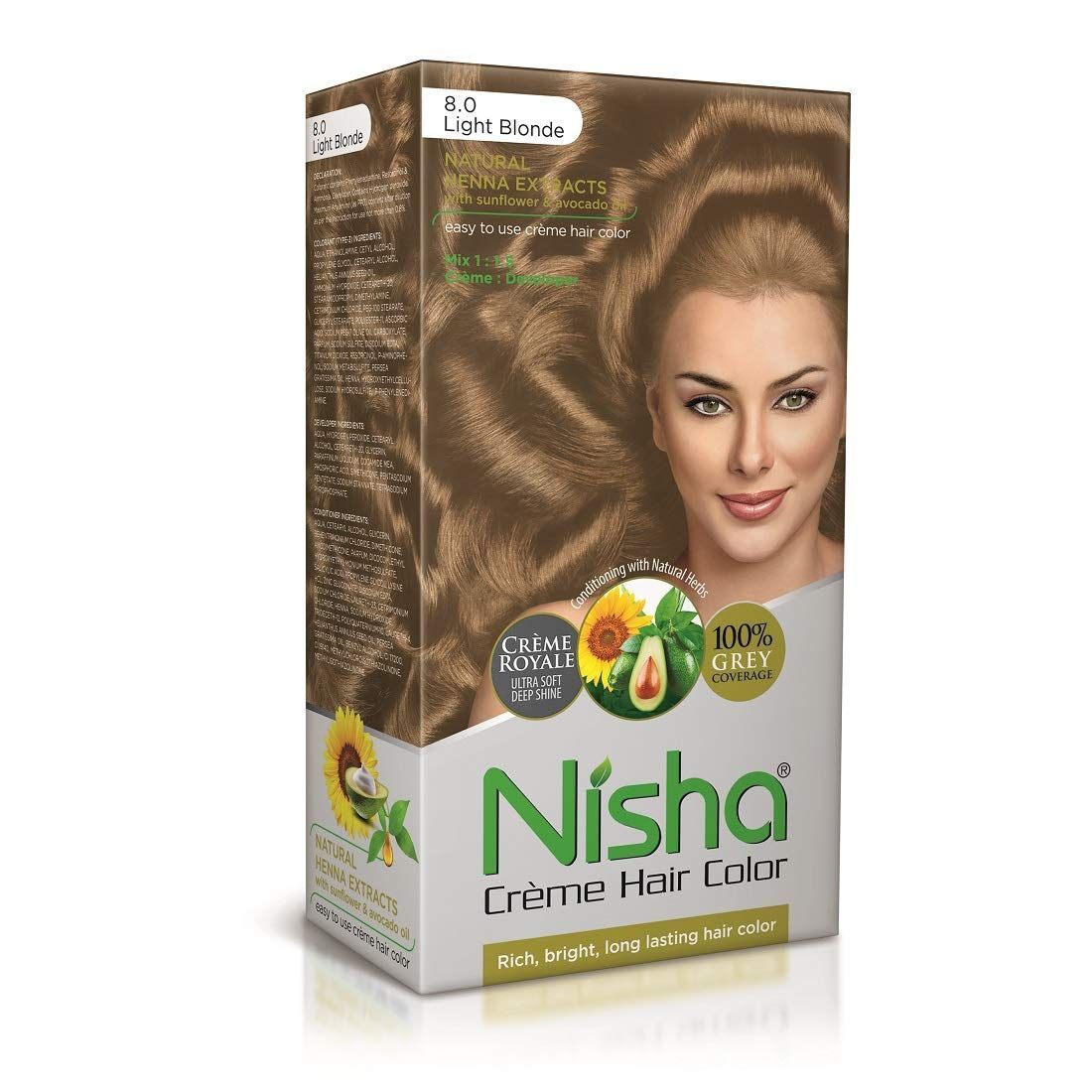 Nisha Creme Hair Color 8.0 Light Blonde 120g, Permanent Hair Colour with Henna Extract, 100% Grey Coverage