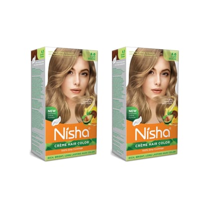 Nisha Creme Hair Color 8.0 Light Blonde 120g Pack of 2, Permanent Hair Colour for Long Lasting Hair, 100% Grey Coverage