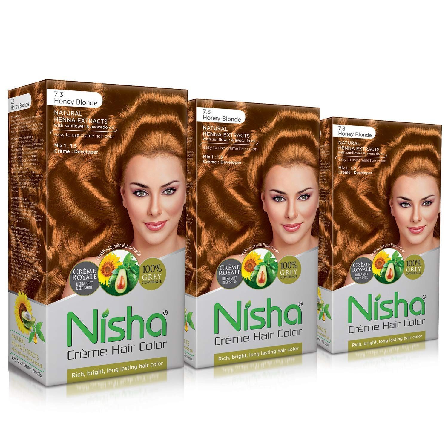 Nisha Creme Hair Color 7.3 Honey Blonde 120g Pack of 3, Permanent Hair Colour for Long Lasting Hair, 100% Grey Coverage