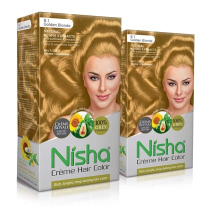 Nisha Creme Hair Color 8.1 Golden Blonde 120g Pack of 2, Permanent Hair Colour for Women & Men, Long Lasting Hair Color