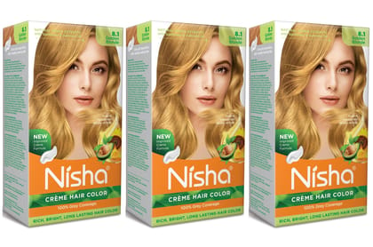 Nisha Creme Hair Color 8.1 Golden Blonde 120g Pack of 3, Permanent Hair Colour for Women & Men, Long Lasting Hair Color