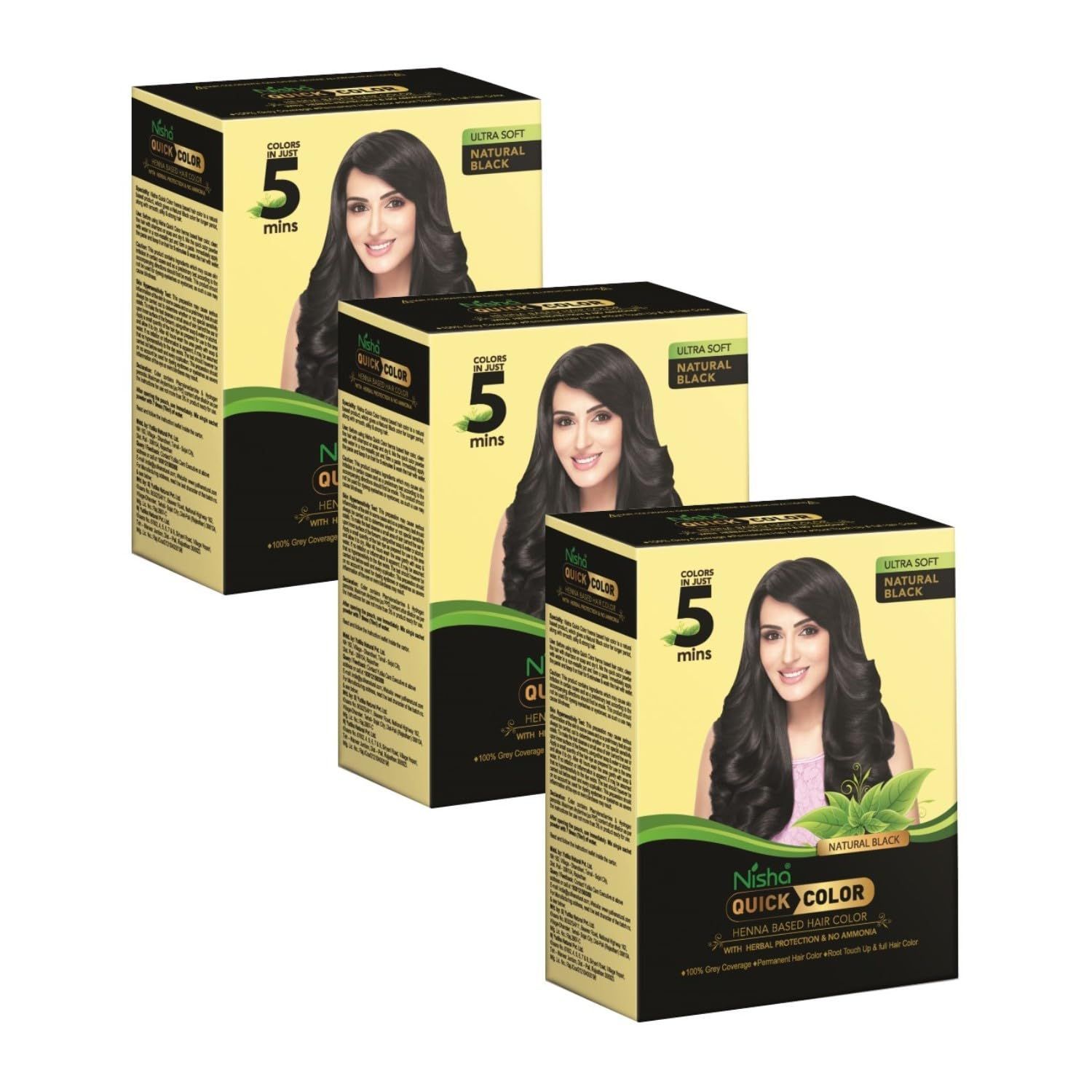 Nisha Quick Color 5 Minute Henna Based Hair Colour Natural Black Hair Dye 60gm Pack of 3, No Ammonia, 100% Grey Coverage