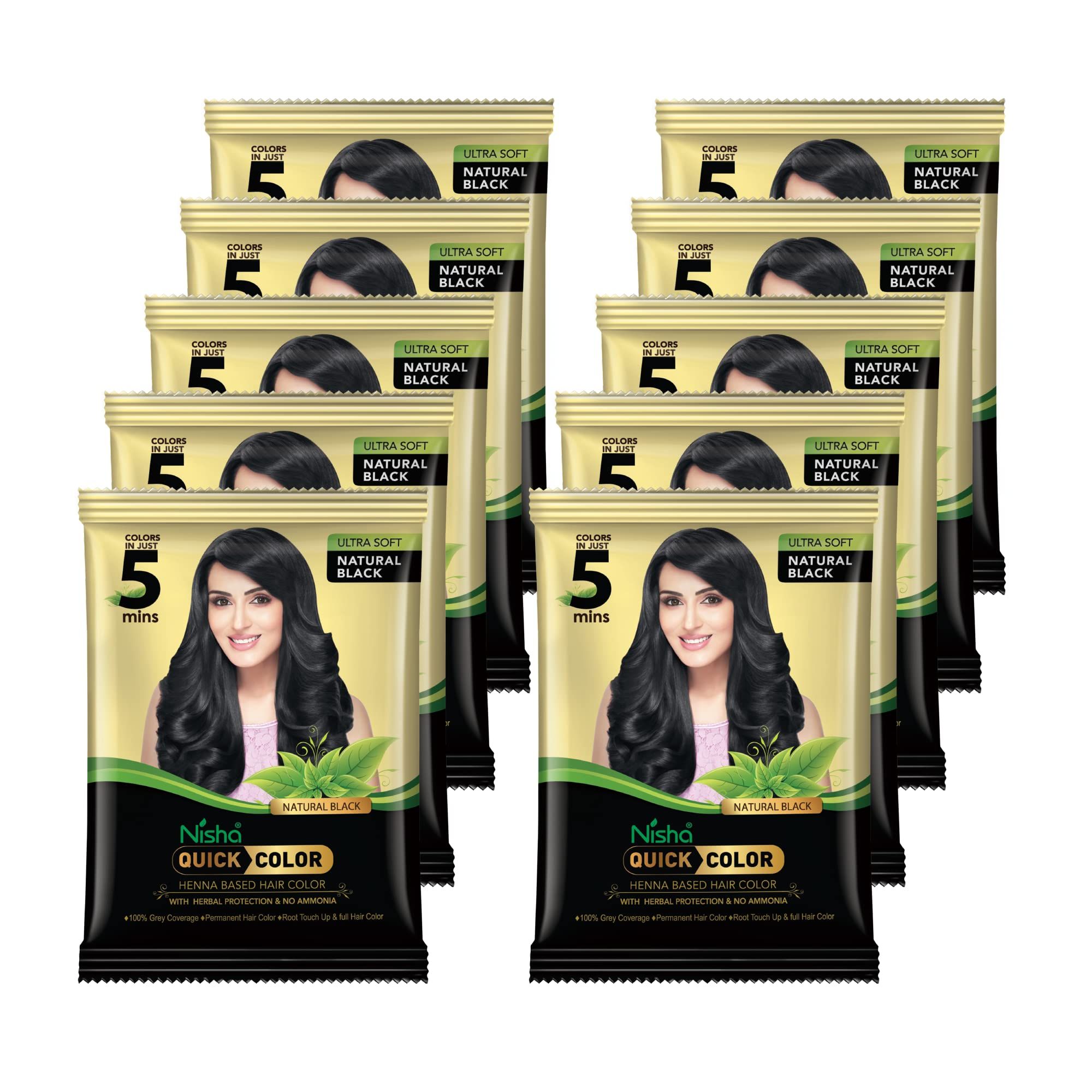 Nisha Quick Color 5 Minute Henna Based Hair Colour Natural Black Hair Dye 10g Pack of 10, No Ammonia, 100% Grey Coverage