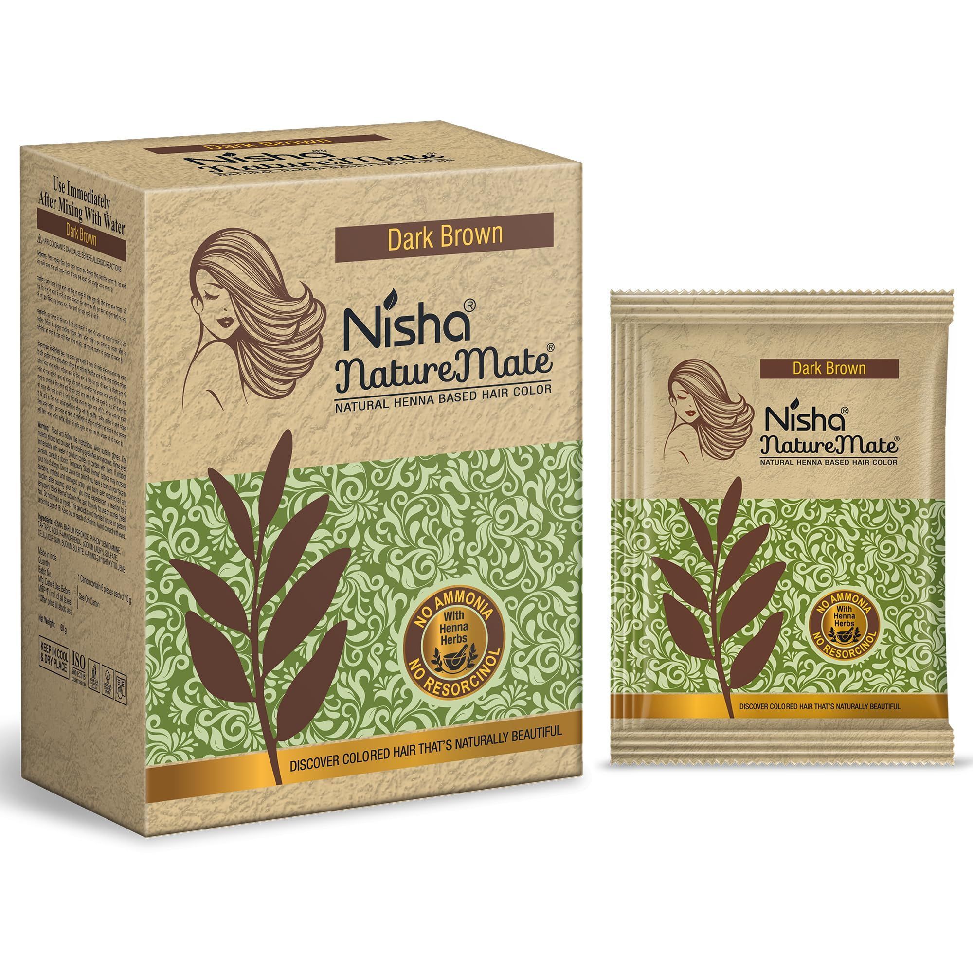 Nisha Nature Mate Henna Based Hair Colour Dark Brown 60g, No Ammonia, No Resorcinol, 100% Grey Coverage with Henna Herbs