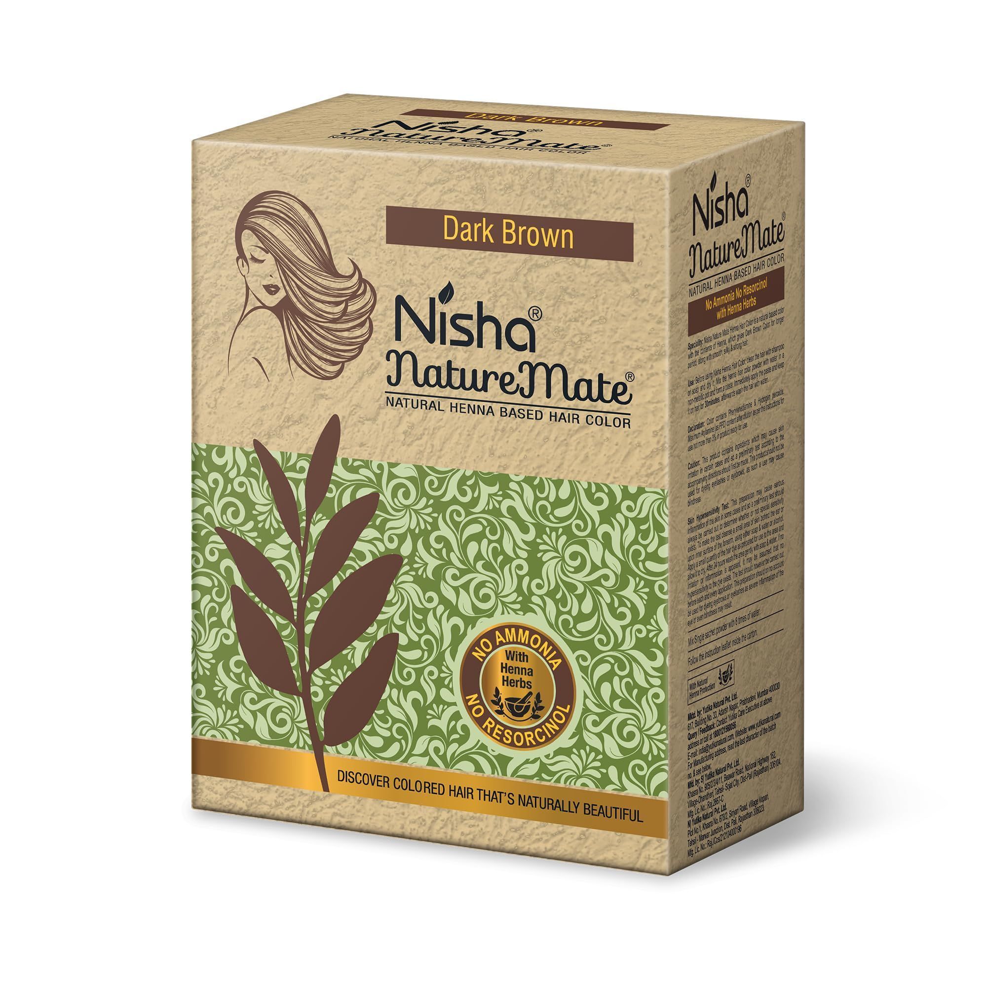 Nisha Nature Mate Henna Based Hair Colour Dark Brown 60g Pack of 2, No Ammonia, No Resorcinol, 100% Grey Coverage with Henna Herbs