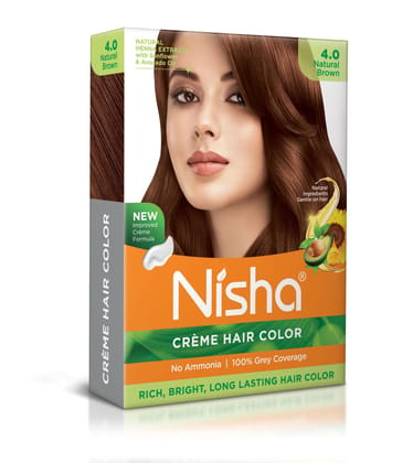 Nisha Creme Hair Color Natural Brown 40gm Pack of 4, Permanent Hair Color for Women Men, No Ammonia, 100% Grey Coverage