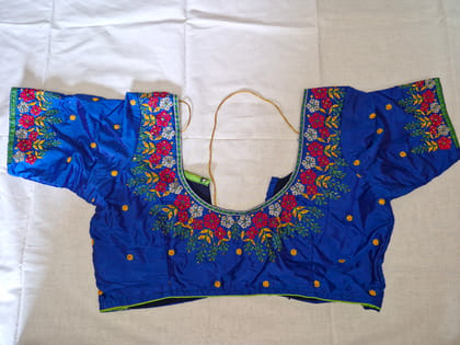  Blue Hand Embroidered Blouse With Floral Motifs