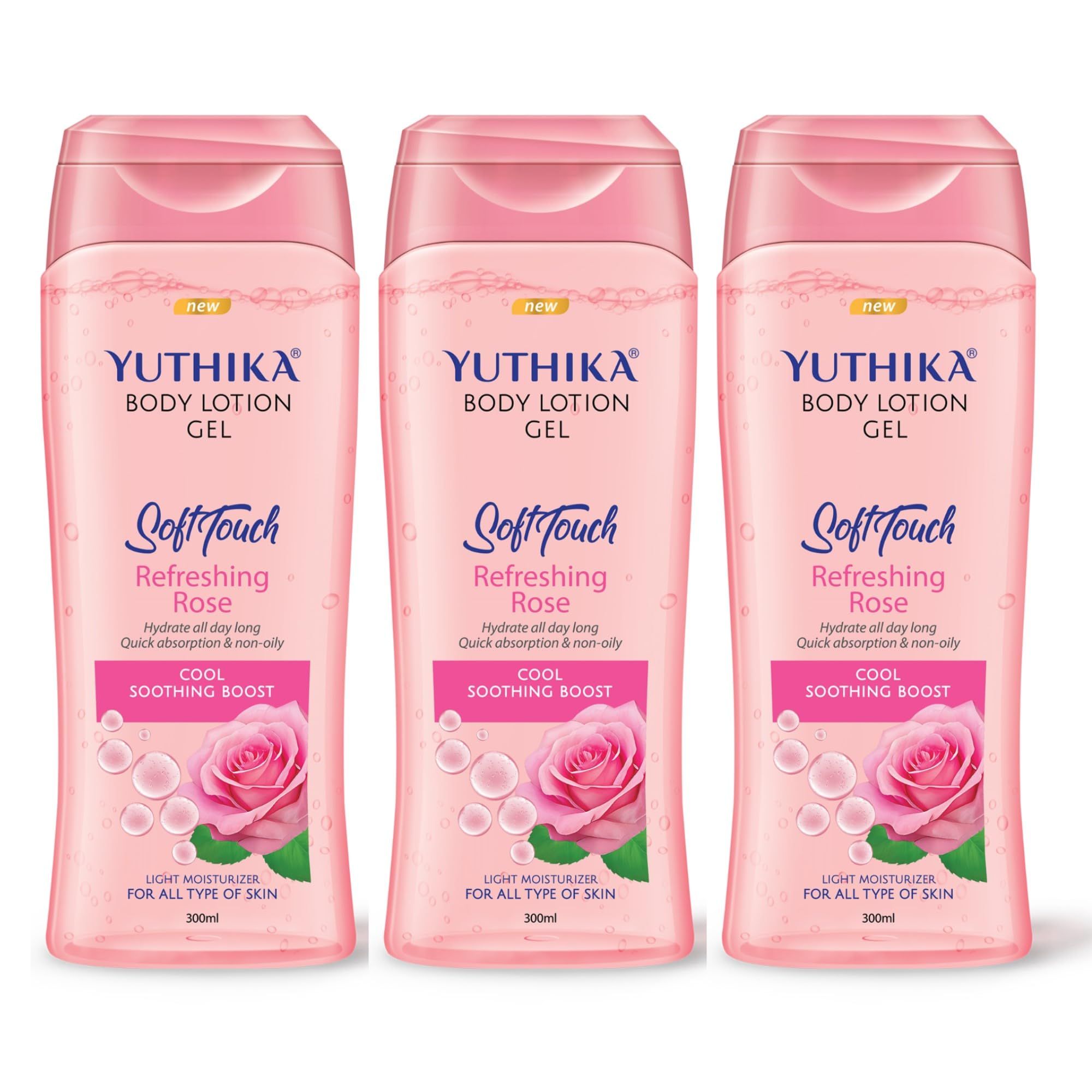 Yuthika Body Lotion Gel Refreshing Rose 300ml Pack of 3, Gel Body Lotion for Summer, Winter Rose Body Lotion Moisturizer