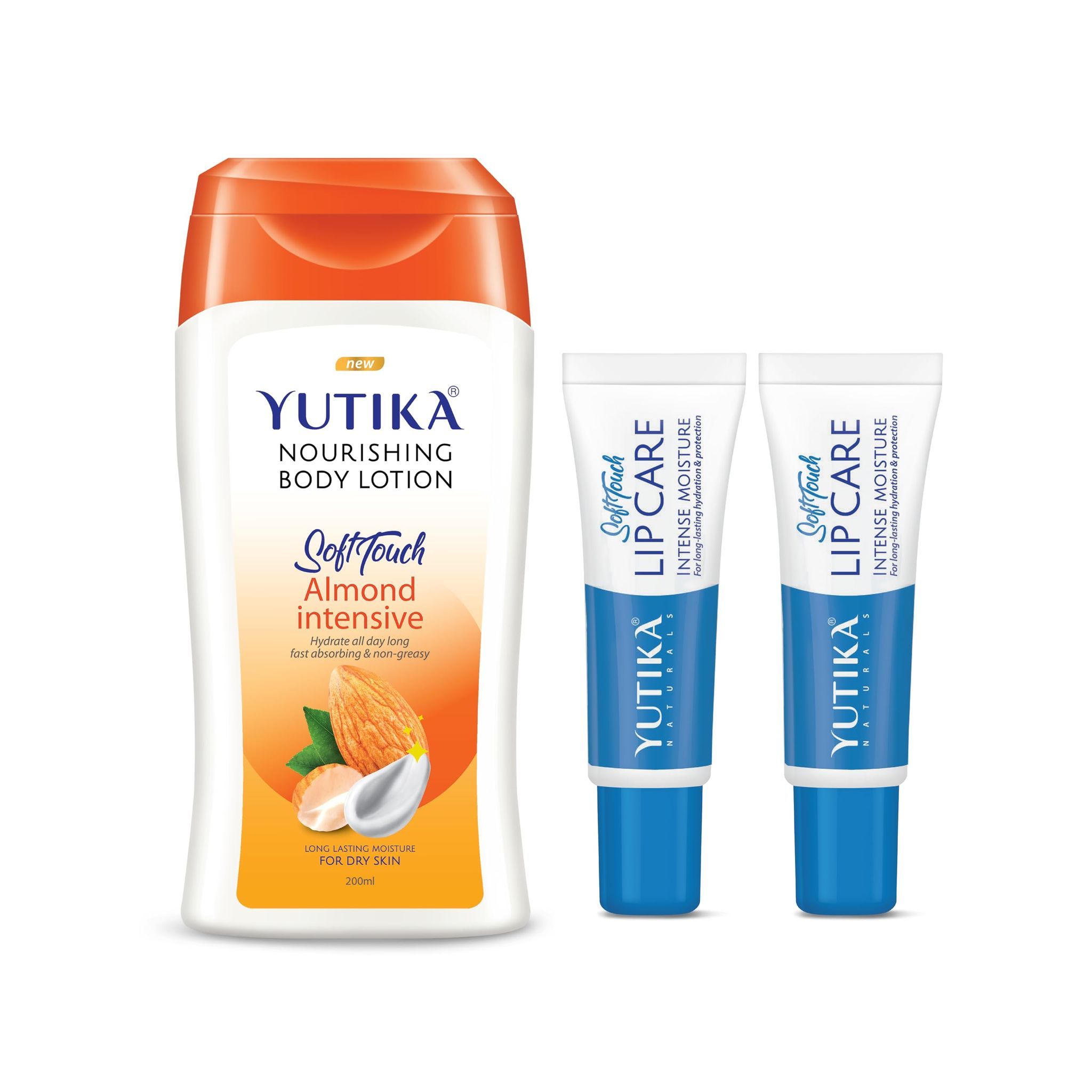 Yuthika Almond Body Lotion 200ml and Lip Care 10gx2Pcs, Nourishing Body Lotion and Lip Balm Combo Pack