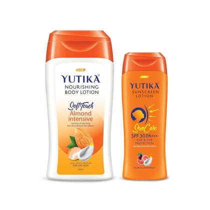 Yuthika Almond Body Lotion 200ml and Sunscreen Lotion SPF 30 PA+++ with UVA & UVB Protection - 100ml