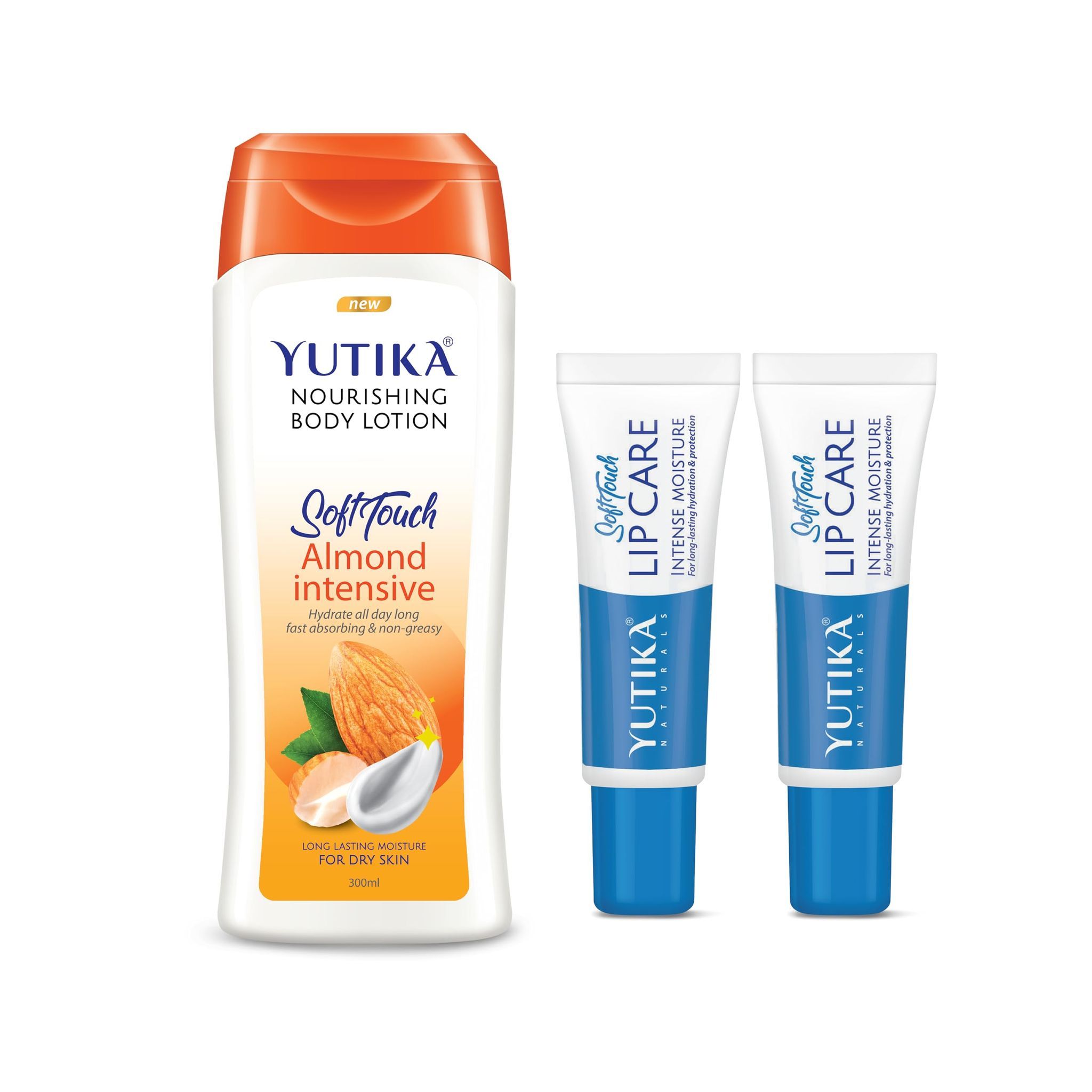 Yuthika Almond Body Lotion 300ml and Lip Care 10gx2Pcs, Nourishing Body Lotion and Lip Balm Combo Pack