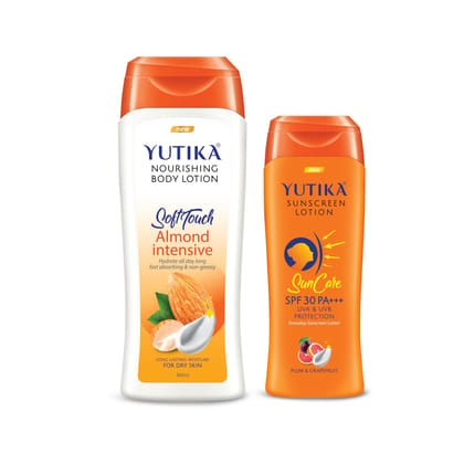 Yuthika Almond Body Lotion 300ml and Sunscreen Lotion SPF 30 PA+++ with UVA & UVB Protection - 100ml