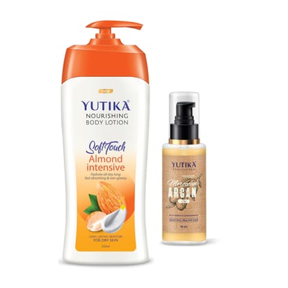 Yuthika Almond Body Lotion 500ml and Moroccan Argan Oil for Hair 30ml, Nourishing Bodylotion & Argan Hair Oil Combo Pack