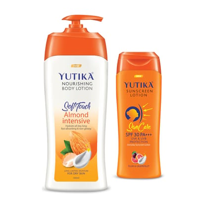 Yuthika Almond Body Lotion 500ml and Sunscreen Lotion SPF 30 PA+++ with UVA & UVB Protection - 100ml