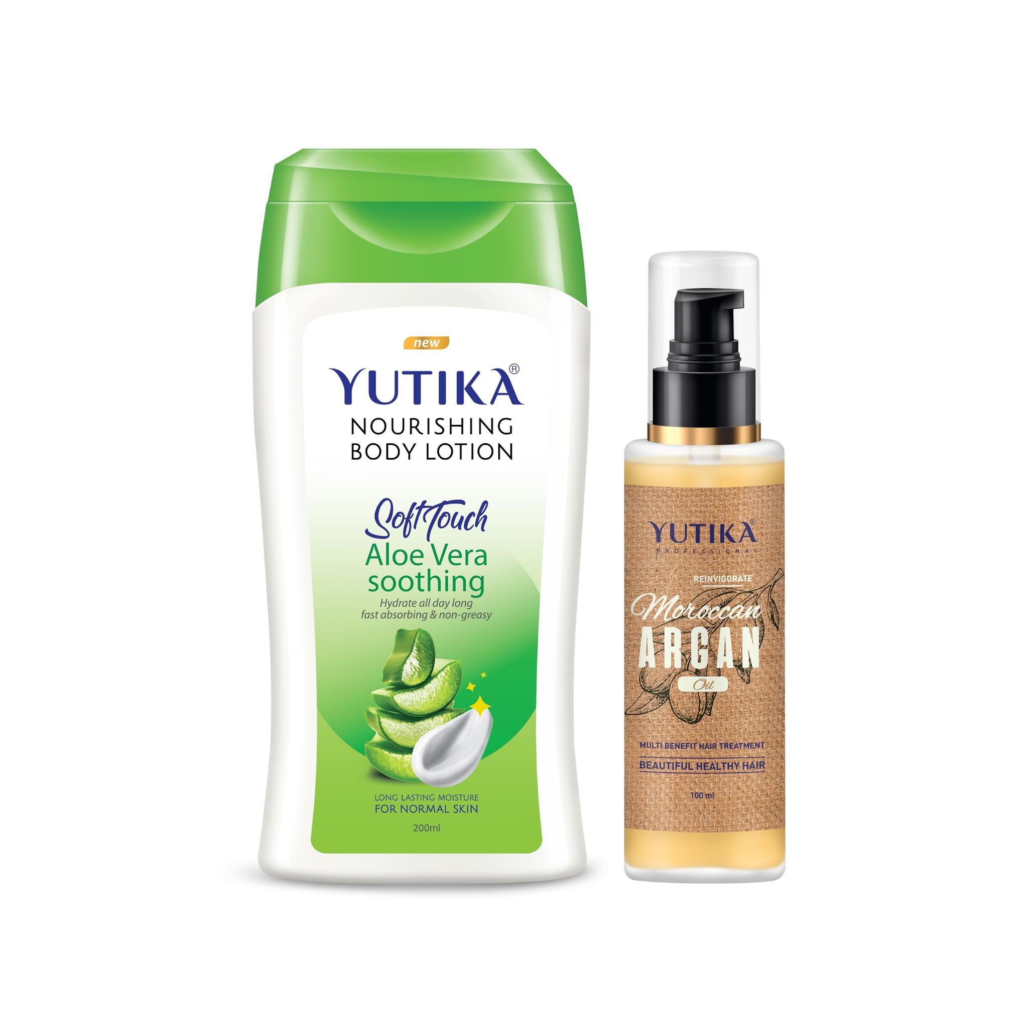 Yuthika Aloe Vera Body Lotion 200ml and Moroccan Argan Oil for Hair 100ml, Bodylotion and Argan Hair Oil Combo Pack