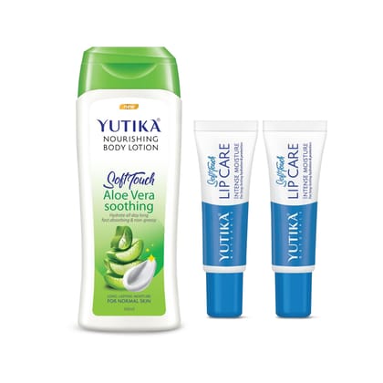 Yuthika Aloe Vera Body Lotion 300ml and Lip Care 10gx2Pcs, Aloevera Body Lotion and Lip Balm Combo Pack