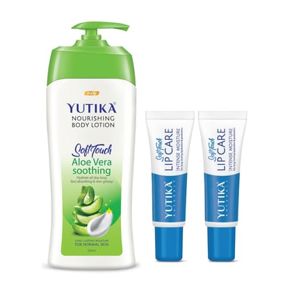 Yuthika Aloe Vera Body Lotion 500ml and Lip Care 10gx2Pcs, Aloevera Body Lotion and Lip Balm Combo Pack