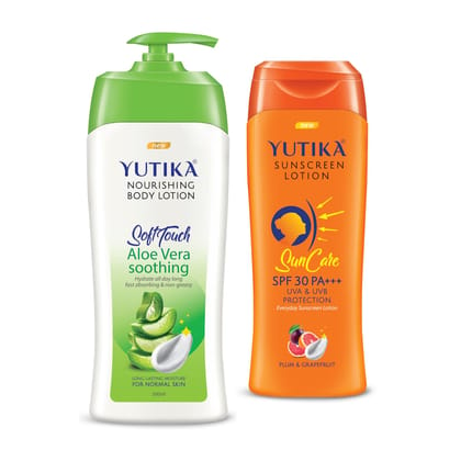 Yuthika Aloe Vera Body Lotion 500ml and Sunscreen Lotion SPF 30 PA+++ with UVA & UVB Protection - 100ml