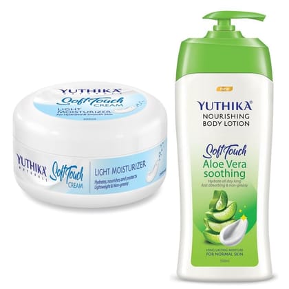 Yuthika Soft Touch Light Moisturizer Cream 200ml and Aloe Vera Body Lotion 500ml Combo Pack