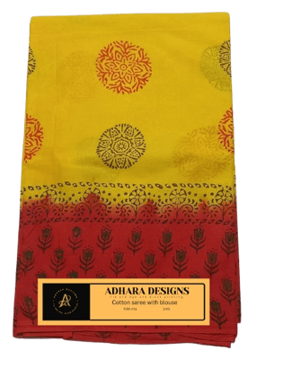 ADHARA DESIGNS Tie and dye and block printing Yellow and orange cotton saree with blouse