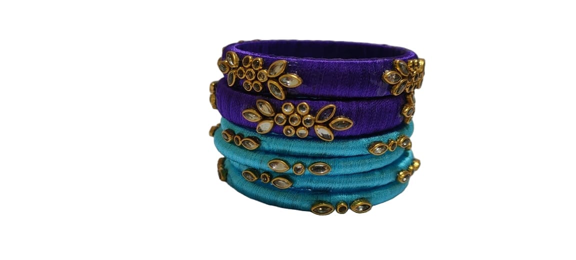 Set of 4 Silk Thread Bangles with Stone Work in sea blue and thick Blue