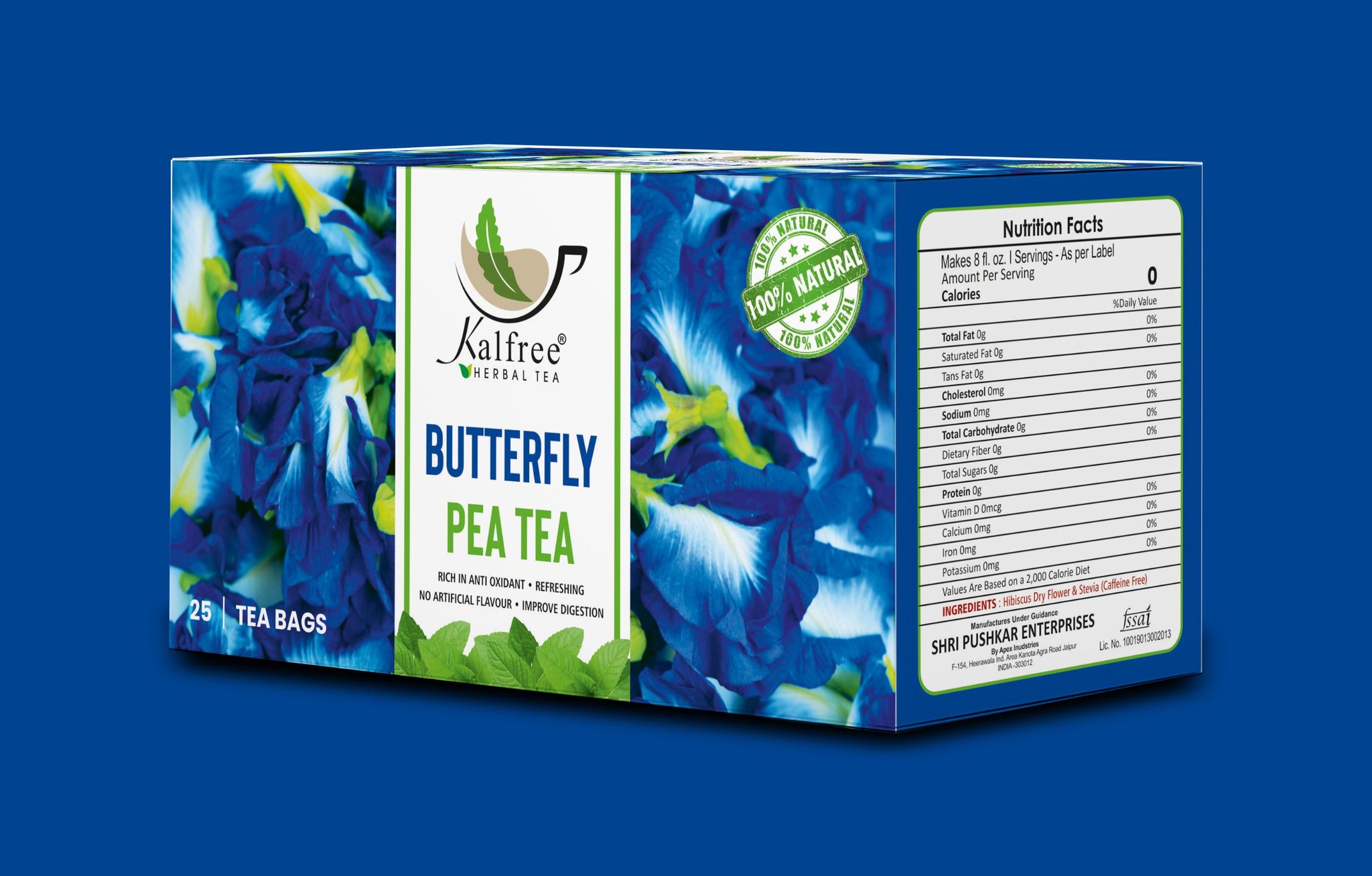  Kalfree Butterfly Pea Tea, 25 Tea Bags - 100% Natural, Rich in Antioxidants, Refreshing, No Artificial Flavor, Improves Digestion