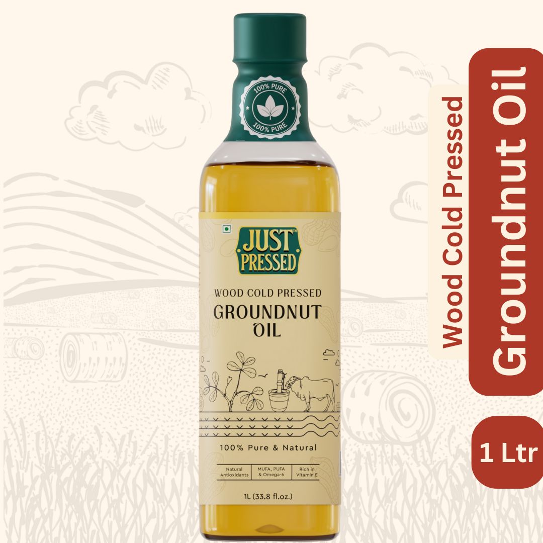 JustPressed Groundnut Oil Cold Pressed Oil | 100% Pure Peanut Oil | Unrefined & Zero Additives | Ground Nut Oil for Healthy Cooking and Daily Cooking | Moongphali Ka Tel | Kachi Ghani Oil | Wood Cold Pressed Oil | Groundnut Oil 1 L