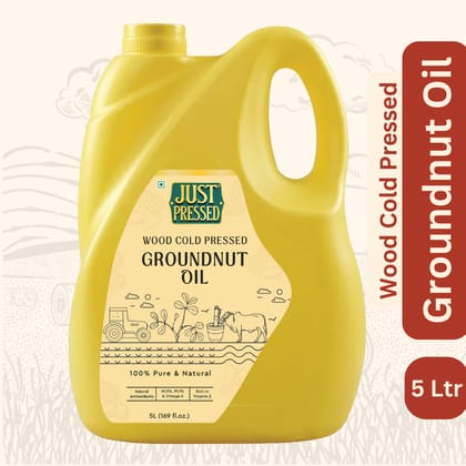 JustPressed Groundnut Oil Cold Pressed | 100% Pure Peanut Oil | Unrefined & Zero Additives | Ground Nut Oil for Healthy Cooking and Daily Cooking | Moongphali Ka Tel | Kachi Ghani Oil | Wood Cold Pressed Oil | Groundnut Oil 5 Ltr