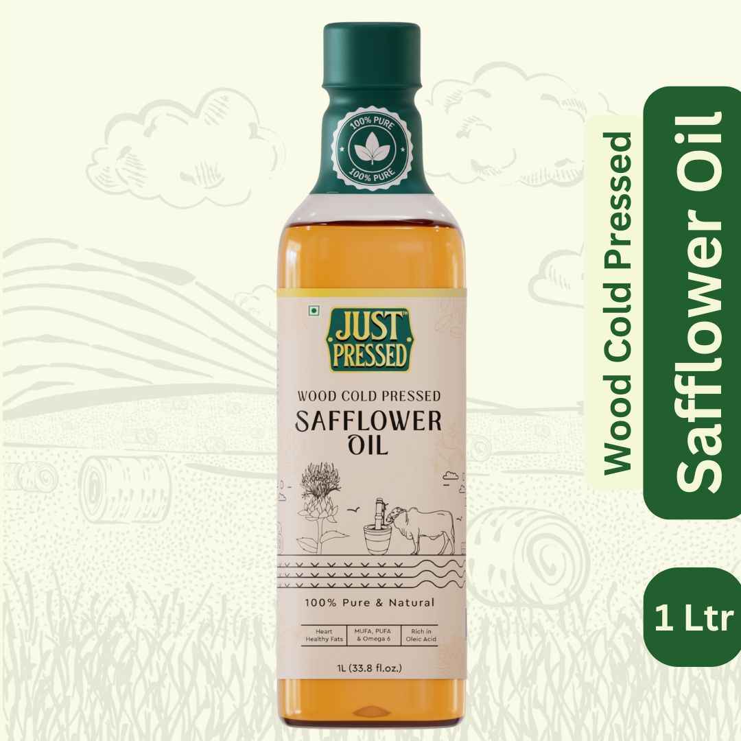 Just Pressed Cold Pressed Safflower Oil | 100% Pure Safflower Kusum Saffola Oil | Unrefined & Zero Additives | Healthy Heart Oil | Saffola Hero Ingredient | Kachi Ghani Oil | Wood Cold Pressed Oil | Safflower Oil - 1 litre