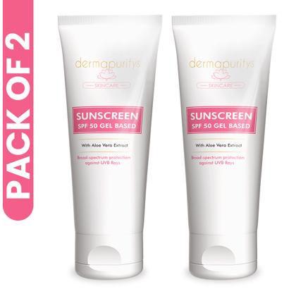 Derma Puritys Sunscreen | SPF 50 Gel Based | Pack of 2 | With Aloe Vera Extract | Protection against UV rays, Non-Greasy, Quick Absorbing, For all Skin Types | 100ml x 2