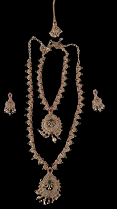  Bridal Gold Plated Haram and Necklace Set with Earrings and Maang Tikka