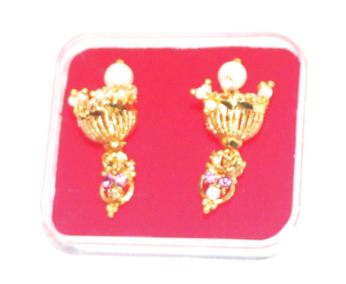  14KT Gold Plated Pearl and Pink Stone Earrings