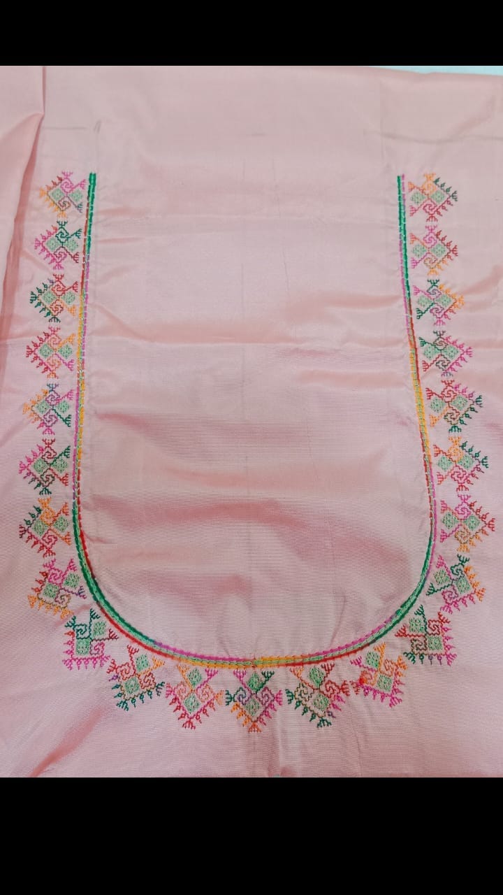  "Exquisite Hand Embroidered Pink Blouse Neckline"