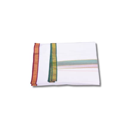  White Cotton Dhoti With Green and Pink Border