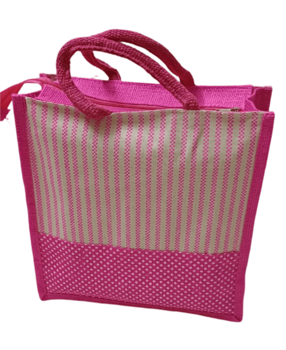  Striped Jute Lunch Bag with Pink Polka Dot Bottom