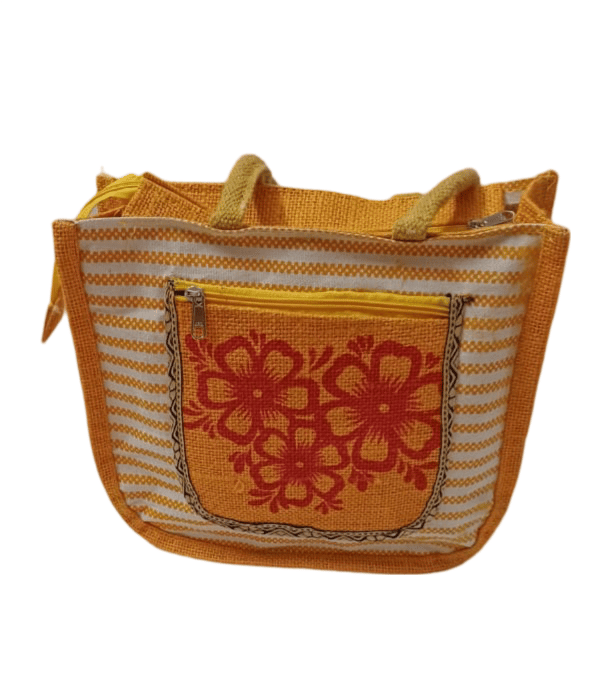  Striped Jute Tote Bag with Red Floral Applique