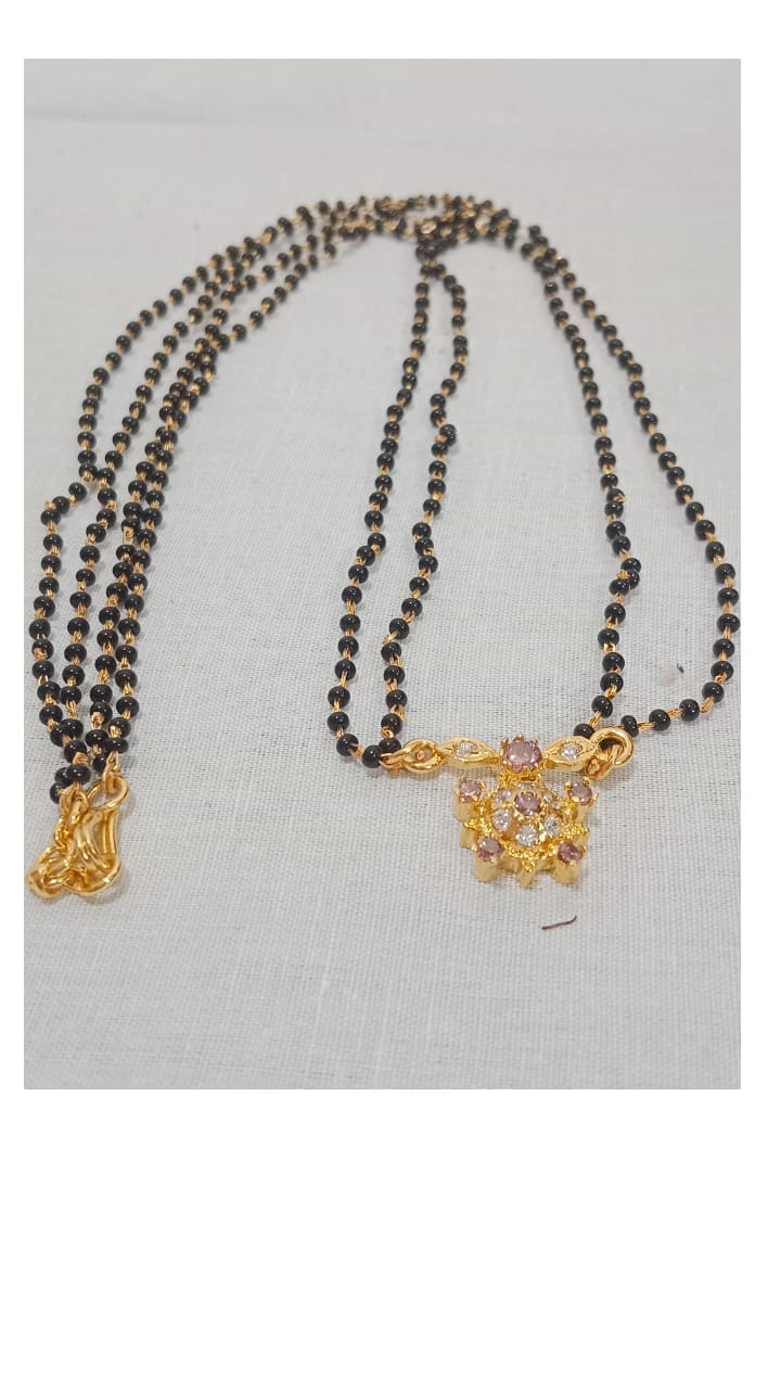 1 Gram Gold Mangalsutra with Black Beads and Floral Pendant