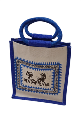  Handmade Jute Bag with Blue Trim and Traditional Indian Design