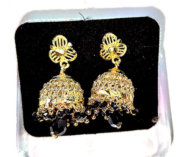 Gold Plated Traditional Indian Jhumka Earrings With Black Beads