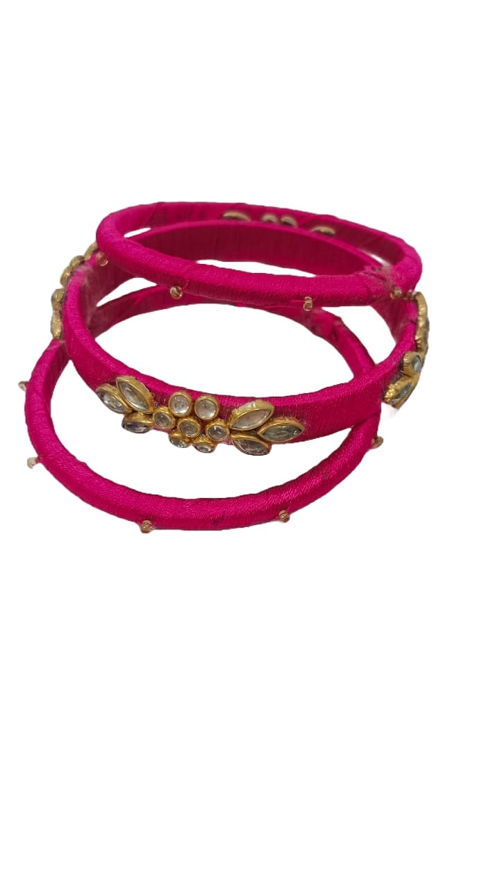 Pink Silk Thread Bangle Set with Kundan Stones