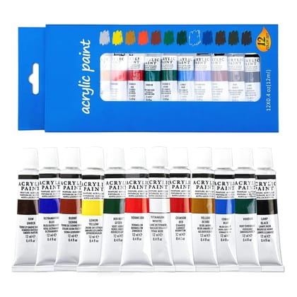 Corslet Acrylic Paint Tubes Set of 12 Colors (12ml Each) | Multi Color Acrylic Paint Set | Non-Toxic Paint Set For Artists, Kids & Adults | Creative Paint Ideal For Canvas, Painting, & Posters