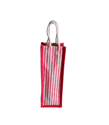 Red and White Striped Jute Bottle Bag