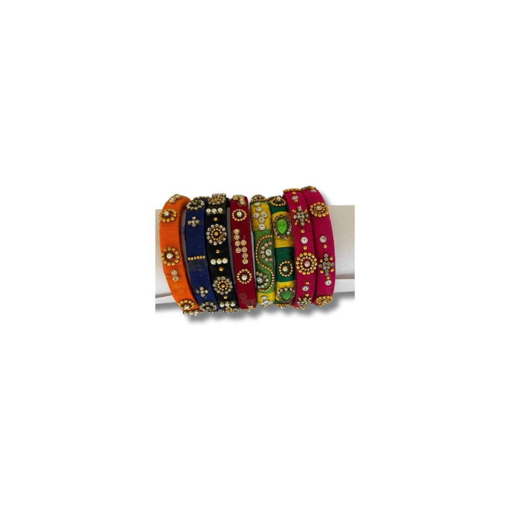  Set of 6 Traditional Indian Silk Thread Bangles with Rhinestone Accents