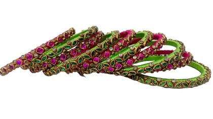  Pink and Green Bangle Set with Kundan Stones