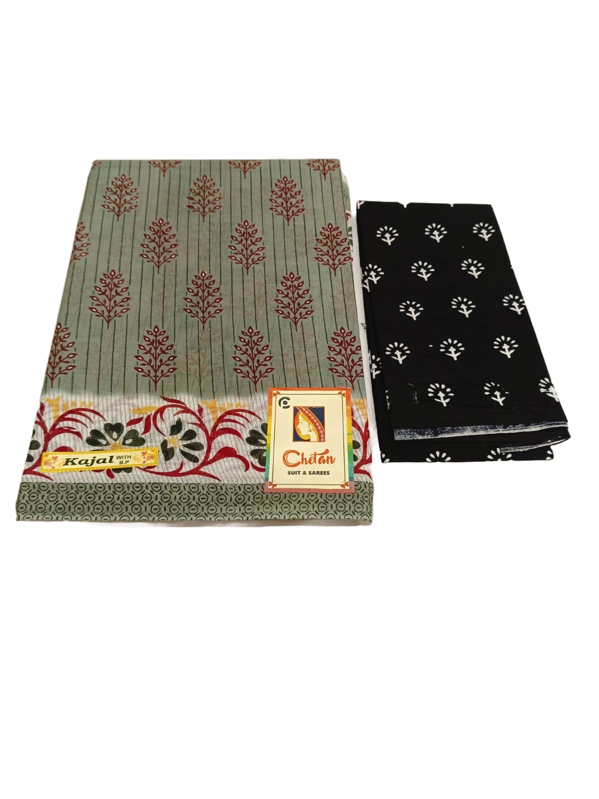 Green and Black Cotton Printed Saree