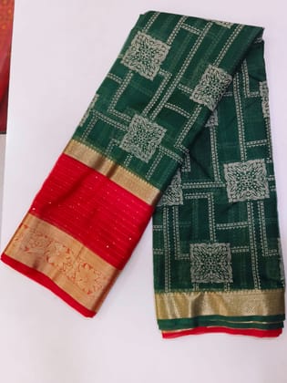  Green and Red Pure Silk Saree With Blouse Piece