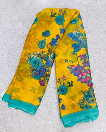  Yellow Floral Saree With Blue Border