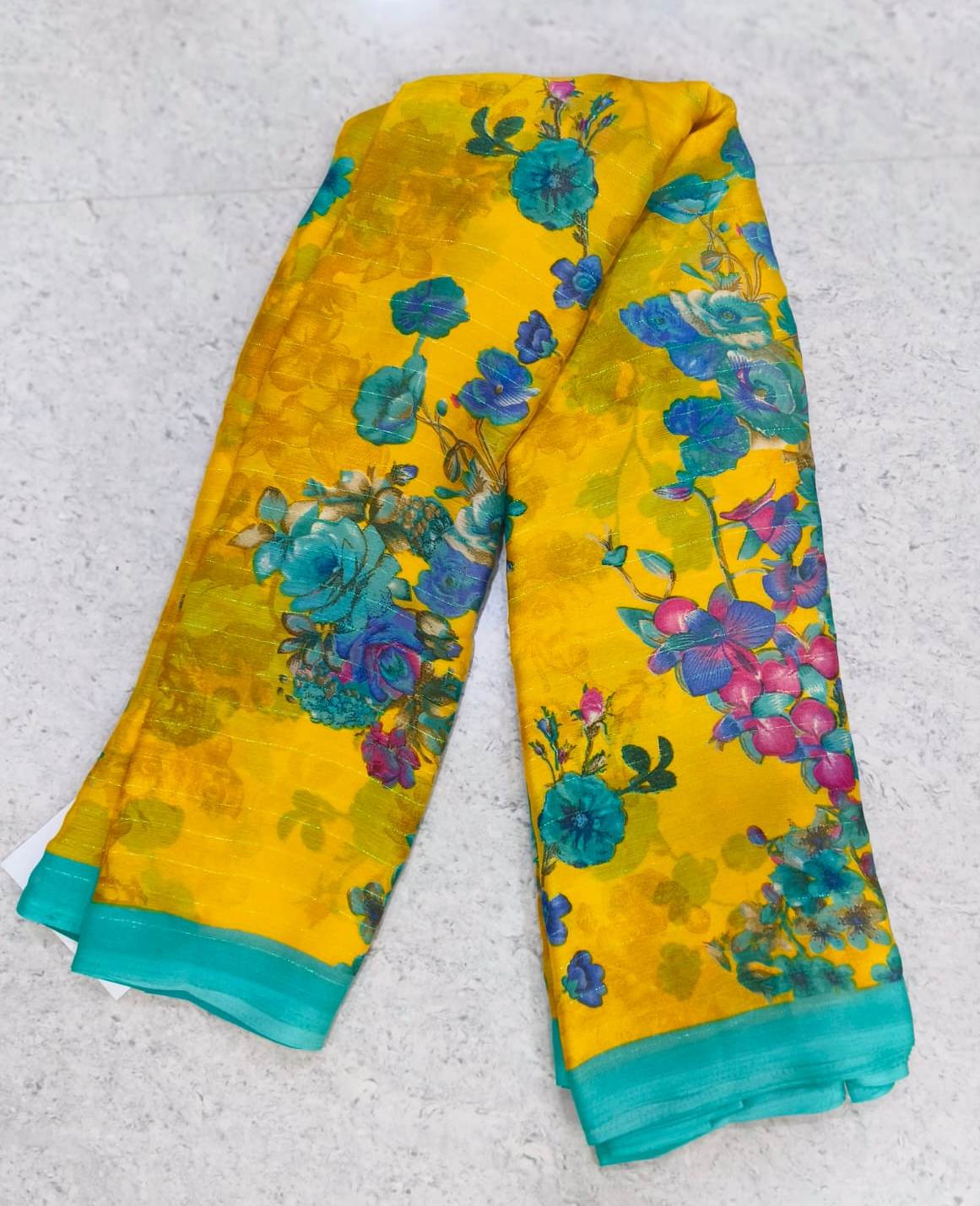  Yellow Floral Saree With Blue Border