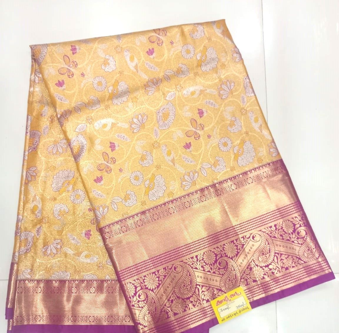 Yellow And Pink Floral Kanchi Pattu Saree With Blouse